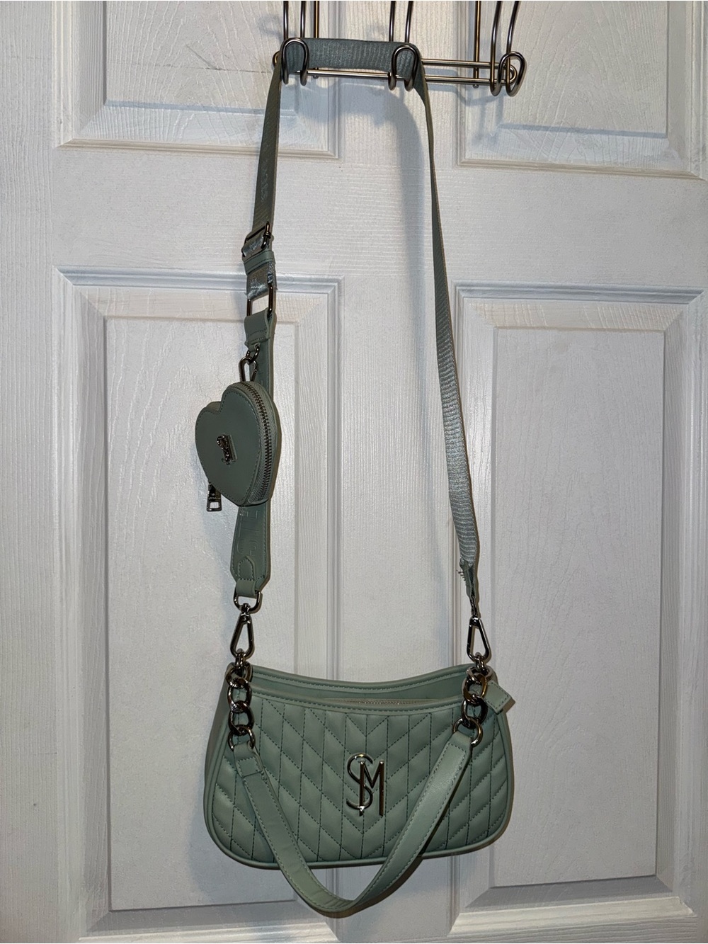 Steve Madden Quilted Sage Green Shoulder Bag with Heart Coin Pouch